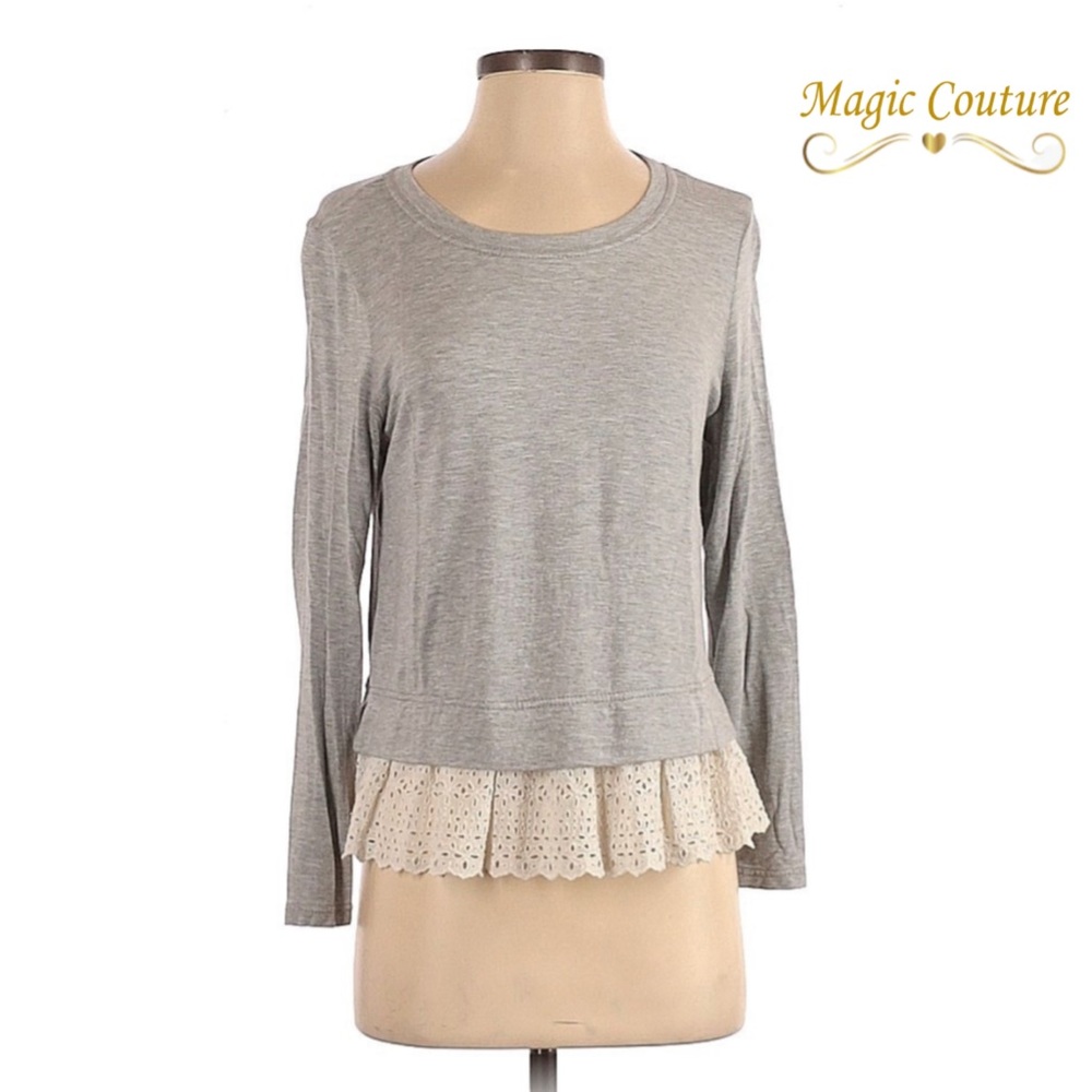 Rebecca Taylor Gray Jersey Knit Contrast Lace Trimmed Topπ€π€π€ - Picture 1 of 10